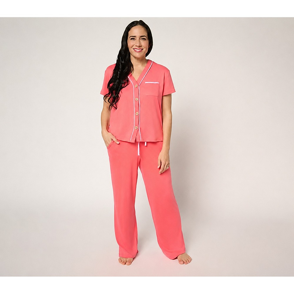 MUK LUKS Dream Cloud Button Front Short Sleeve Pajama Set Coral, Size 1X